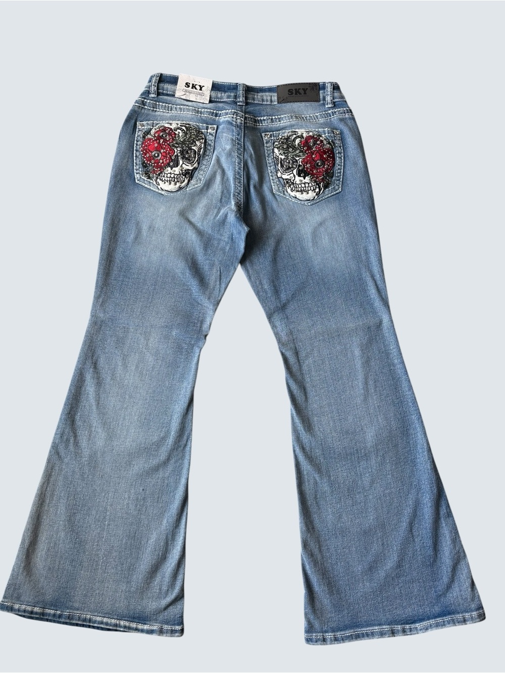 NWT SKY Premium Collection Low Rise Flare Jeans Skull Rhinestone Bling Size13/31